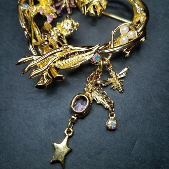 Vintage Signed Kirks Folly Fairy Wisteria Heart Gold Tone Rhinestone Brooch Pin - Picture 5 of 8